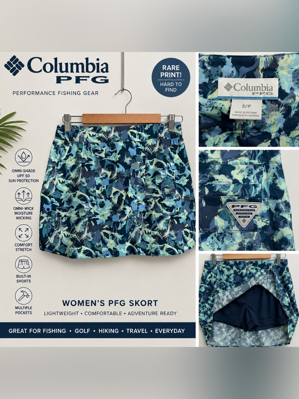 Columbia Women's PFG Blue Teal Navy Camo Skort